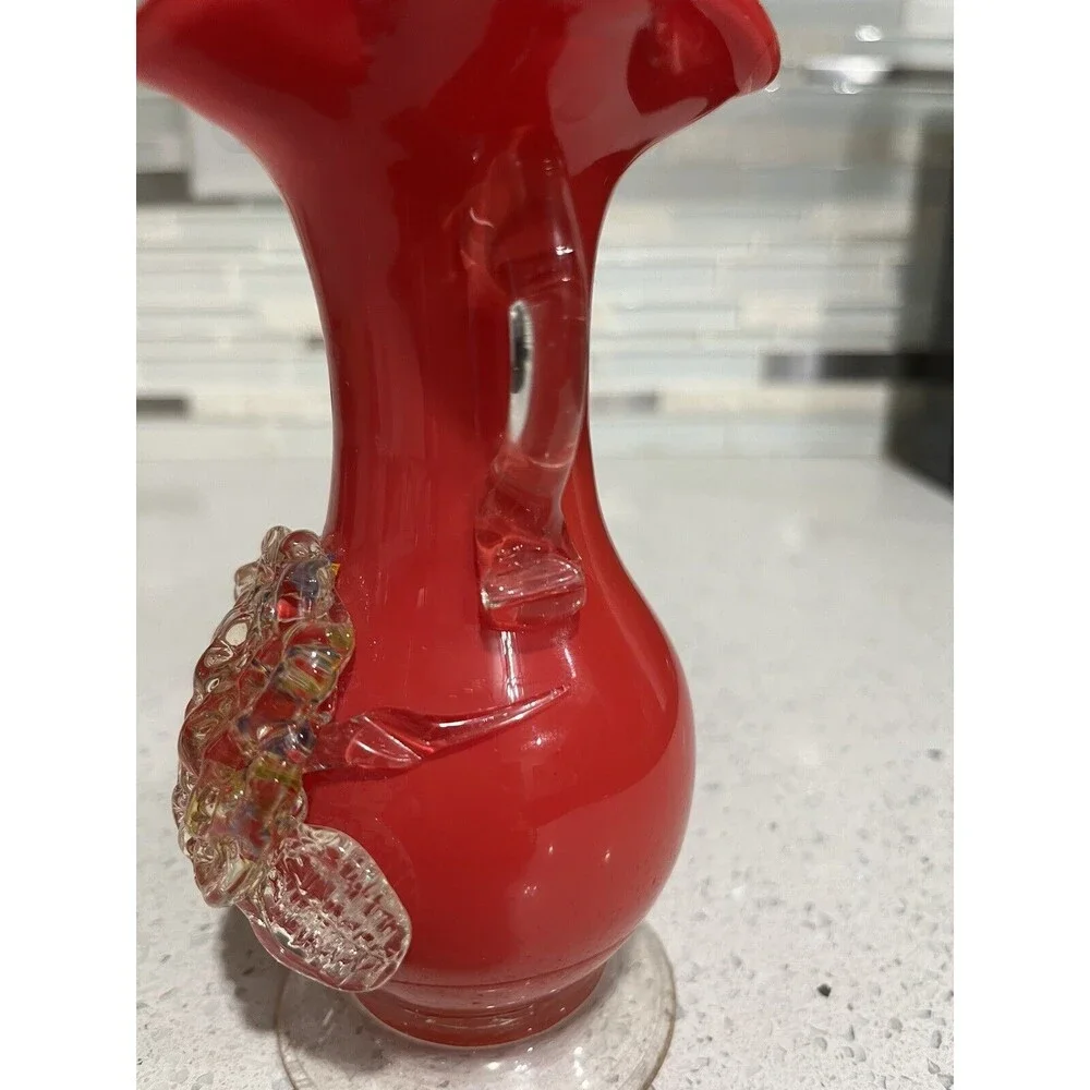 Vintage Hand Blown Art Glass by Stevens & Williams Red Cased Vase Splatter Art